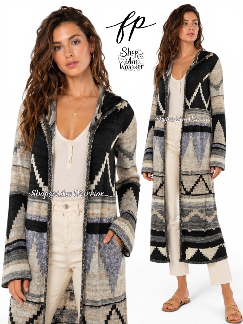 Free People Aztec pattern hooded duster cardigan sweater *sho@iamwarrior